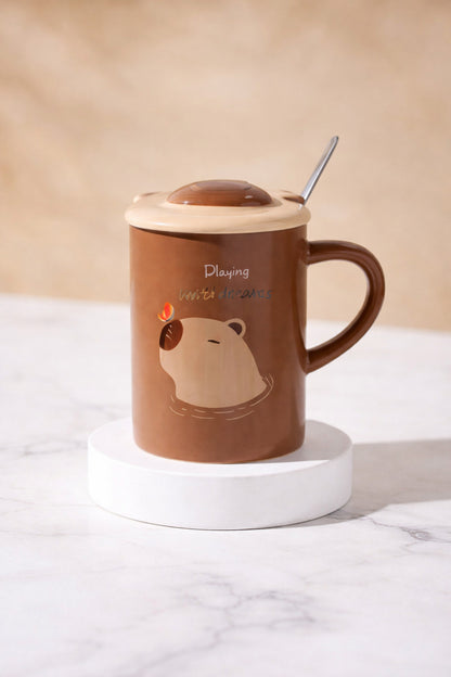 500 ML Kapaklı Kaşıklı Sevimli Capybara Seramik Kupa – 4 Farklı Model