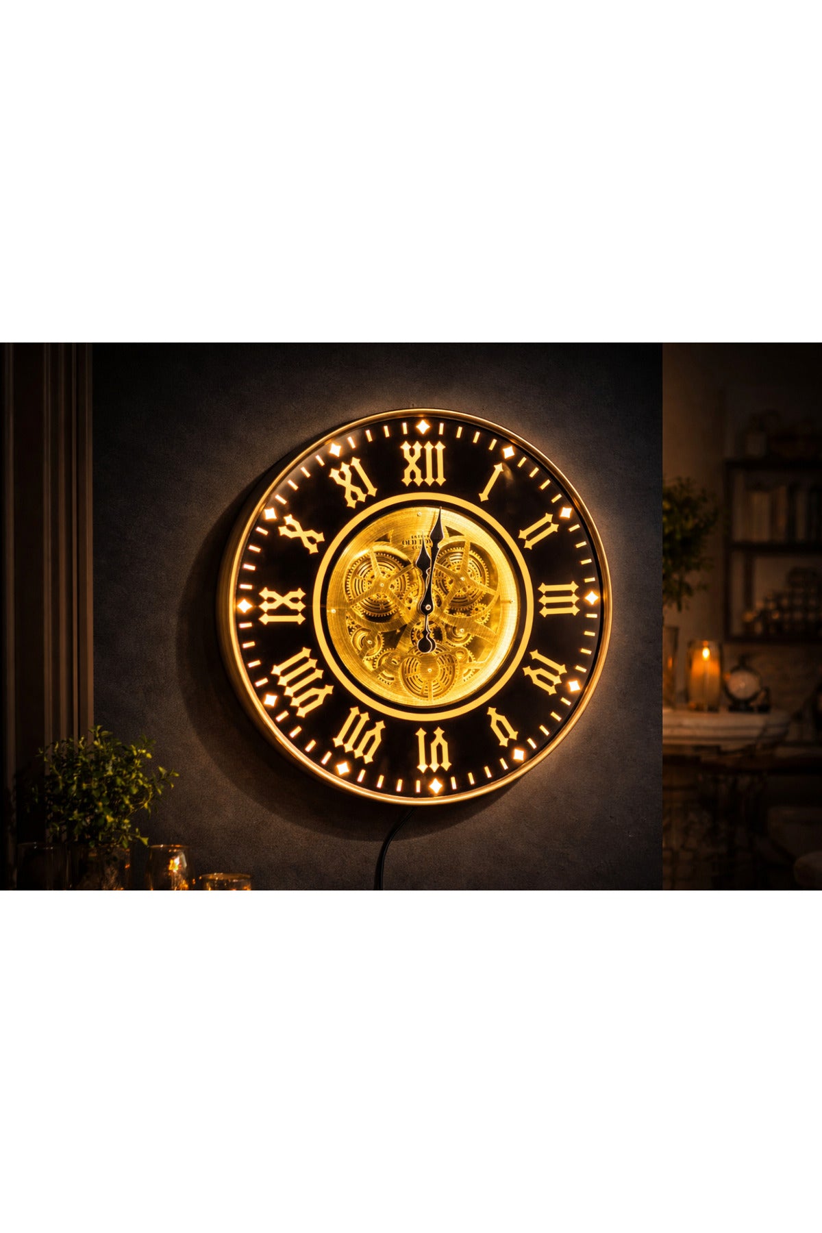 LED Işıklı Mekanizmalı Lüks Duvar Saati – Gold Detaylı Vintage Tasarım