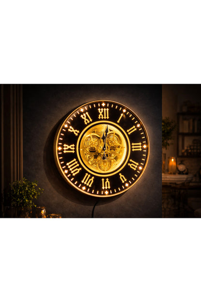 LED Işıklı Mekanizmalı Lüks Duvar Saati – Gold Detaylı Vintage Tasarım