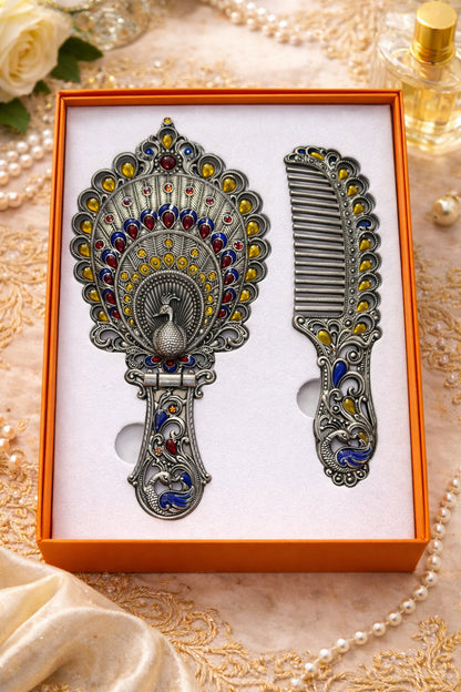 Osmanlı Vintage Tavus Kuşu Desenli El Aynası & Tarak Seti – Antik Gümüş Tonlu Hediyelik Set