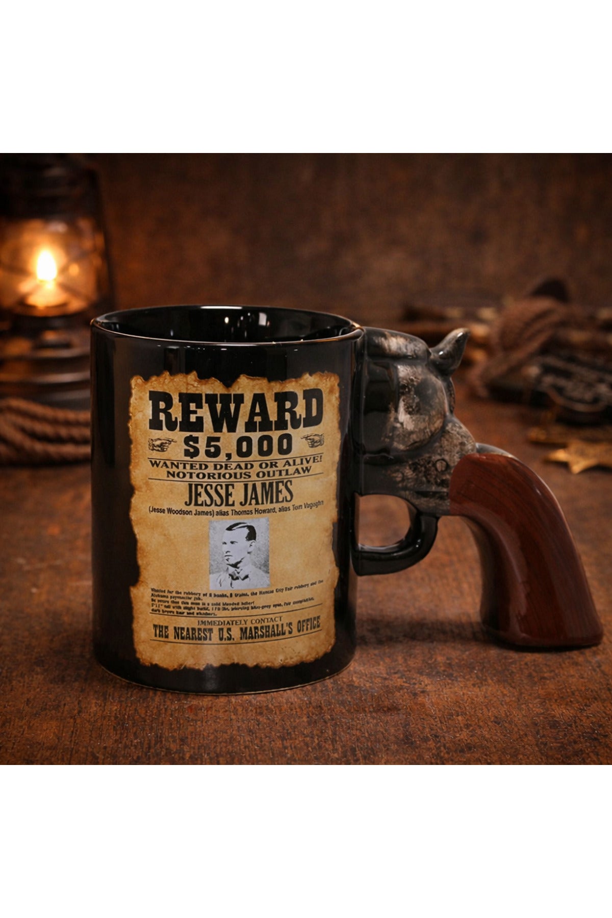 500ml Vahşi Batı Jesse James Temalı Revolver Saplı 3D Seramik Kupa Bardak Western Tasarım
