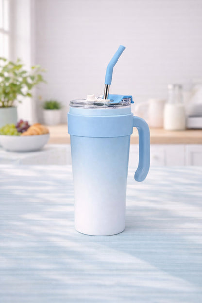 Paslanmaz Çelik Termos Bardak Pipetli Kapaklı Taşınabilir Soğuk Sıcak İçecek Mug