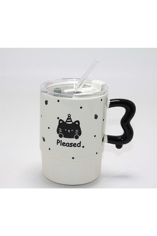 500ml Kapaklı Pipetli Kawaii Kedi Tasarımlı Kupa Bardak Siyah Beyaz Sevimli Model