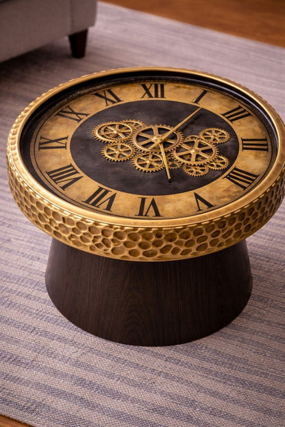 ChronoLux Royal Metal Çark Detaylı Roma Rakamlı Endüstriyel Steampunk Tasarım Lüks Sehpa Saat
