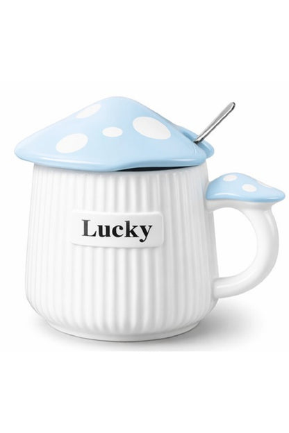 500ml Lucky Mantar Tasarımlı Kapaklı Seramik Kupa – Kaşıklı Mavi Dekoratif Kahve Kupası