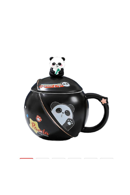 400ml Seramik Kapaklı Kaşıklı Panda Kupa Bardak Çay Kahve Bardağı Ofis Kupa Seti