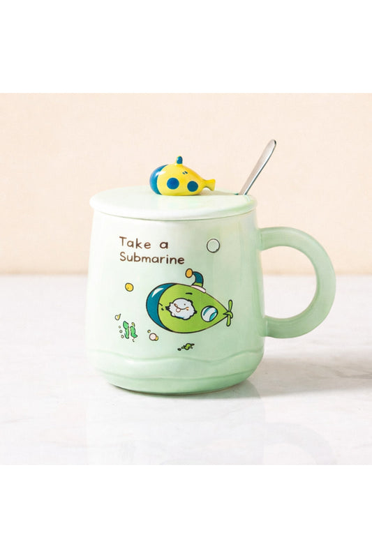 500 ML Denizaltı Tasarımlı Kapaklı Seramik Kupa – Kaşıklı Sevimli Submarine Mug