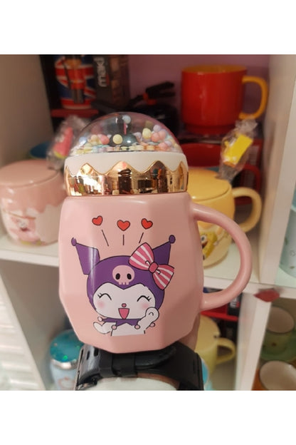 500ml Sevimli Sanrio Kawai Kuromi Seramik Kapaklı Kaşıklı Kupa Bardak