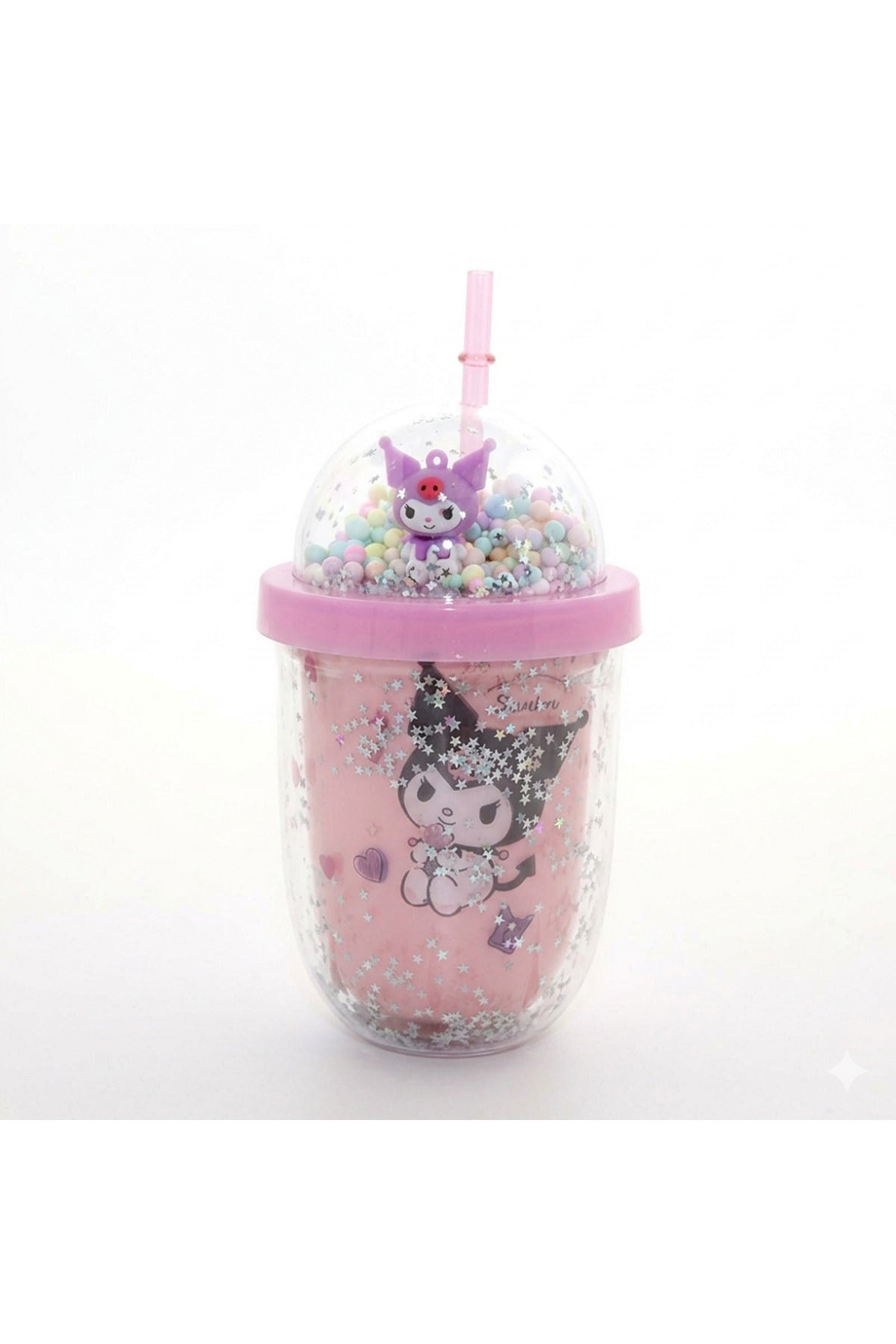 Kuromi & Friends 3D Figürlü Simli Pipetli Bardak