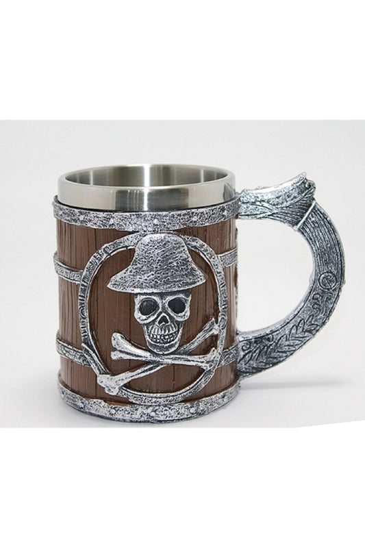 Korsan Kurukafa Figürlü Ahşap Fıçı Tasarımlı Dekoratif Kupa Bardak Metal İç Hazneli Fantasy Mug