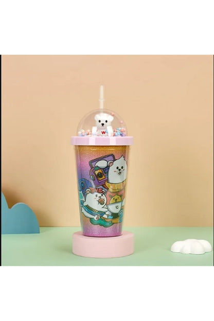 450ML Yeni Ayı Çift Tatmanlı Saman Plastik Bardak Yüksek Yaratıcı Karikatür Meşrubat Bardağı