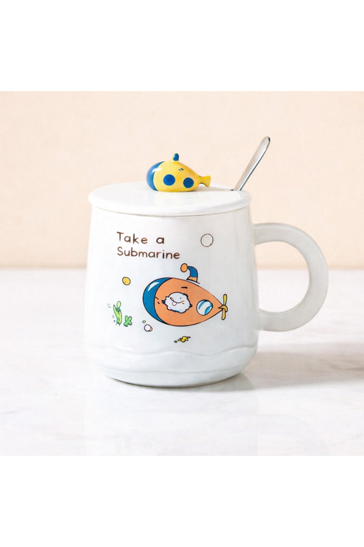 500 ML Denizaltı Tasarımlı Kapaklı Seramik Kupa – Kaşıklı Sevimli Submarine Mug