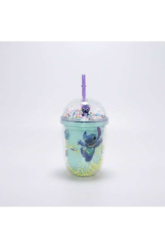 500ml Stitch Figürlü Pipetli Köpük Boncuklu Bardak Mor Renk Şeffaf Kapaklı Çocuk Matara