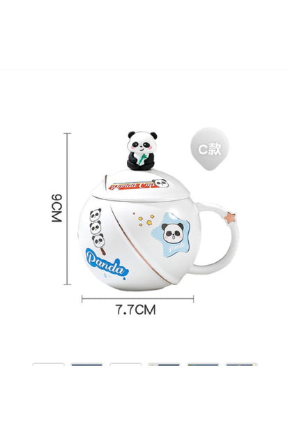 400ml Seramik Kapaklı Kaşıklı Panda Kupa Bardak Çay Kahve Bardağı Ofis Kupa Seti