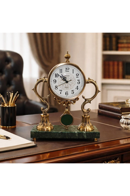 İskandinav Tasarım Mermer Kaideli Sarkaçlı Metal Masa Saati Premium Dekoratif Saat