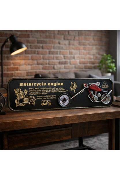 Retro Motosiklet Motoru Tasarımlı Dekoratif Masa Saati – Vintage Metal Duvar / Konsol Saati