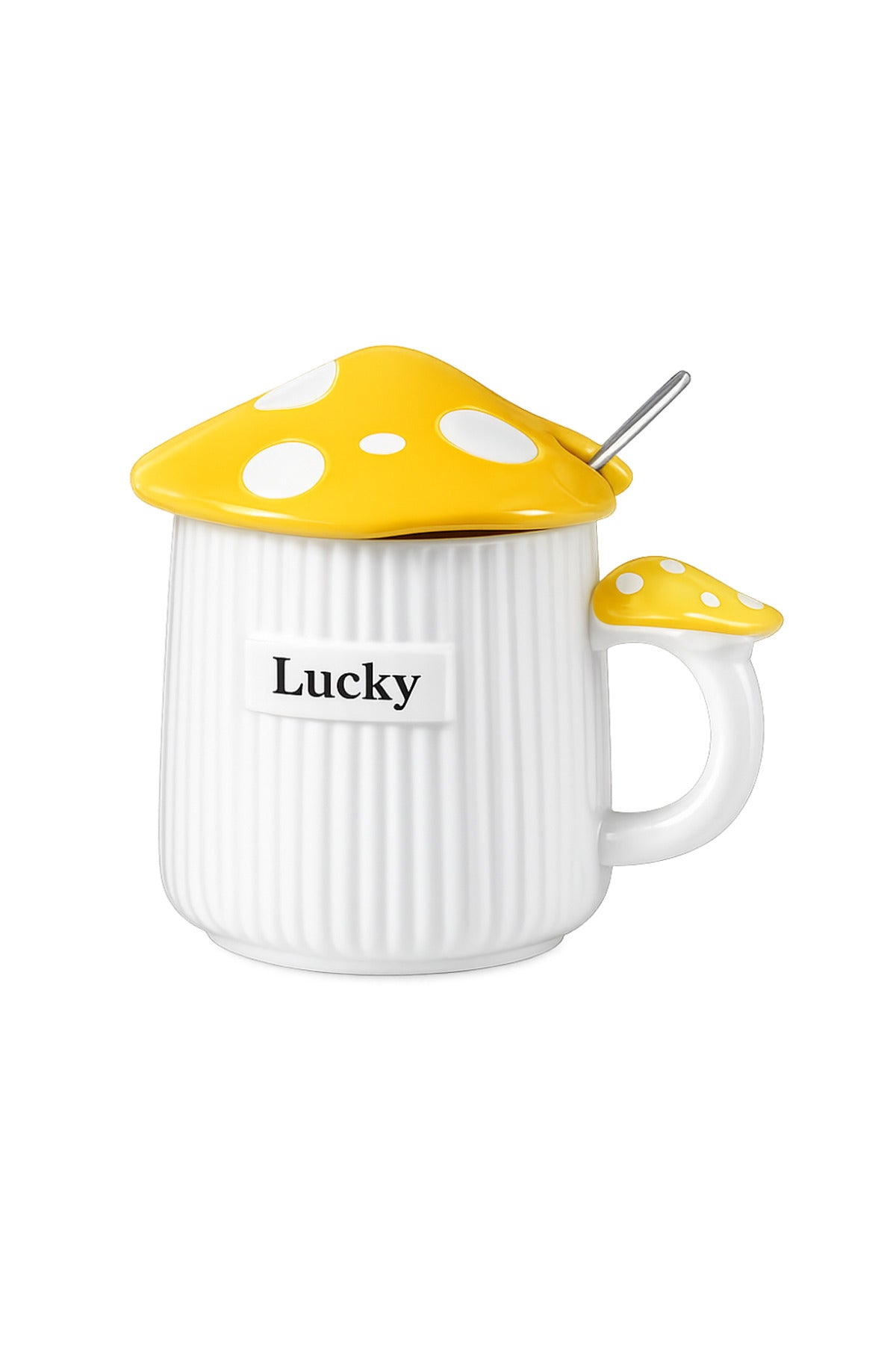 500ml Lucky Mantar Tasarımlı Kapaklı Seramik Kupa – Kaşıklı Mavi Dekoratif Kahve Kupası
