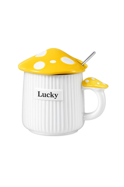 500ml Lucky Mantar Tasarımlı Kapaklı Seramik Kupa – Kaşıklı Mavi Dekoratif Kahve Kupası