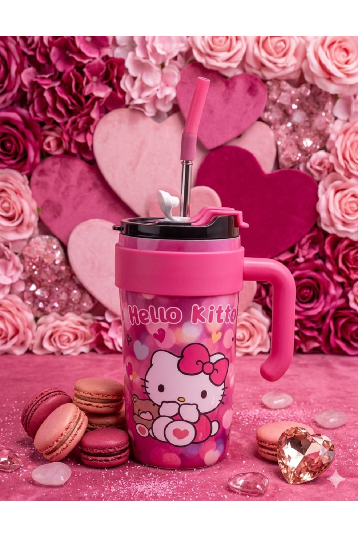 Pipetli Çelik Termos Bardak 900ml - Hello Kitty, Pikachu, Stitch Tasarımlı Sızdırmaz Mug Kupa Matara