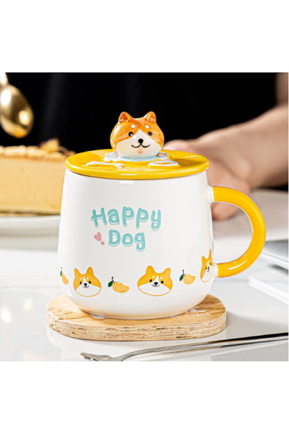 400 Yeni Sevimli Karikatür Seramik Fincan Ile Kapaklı Kaşık Kız Kupa Süper Sevimli Köpek Desen Kupa