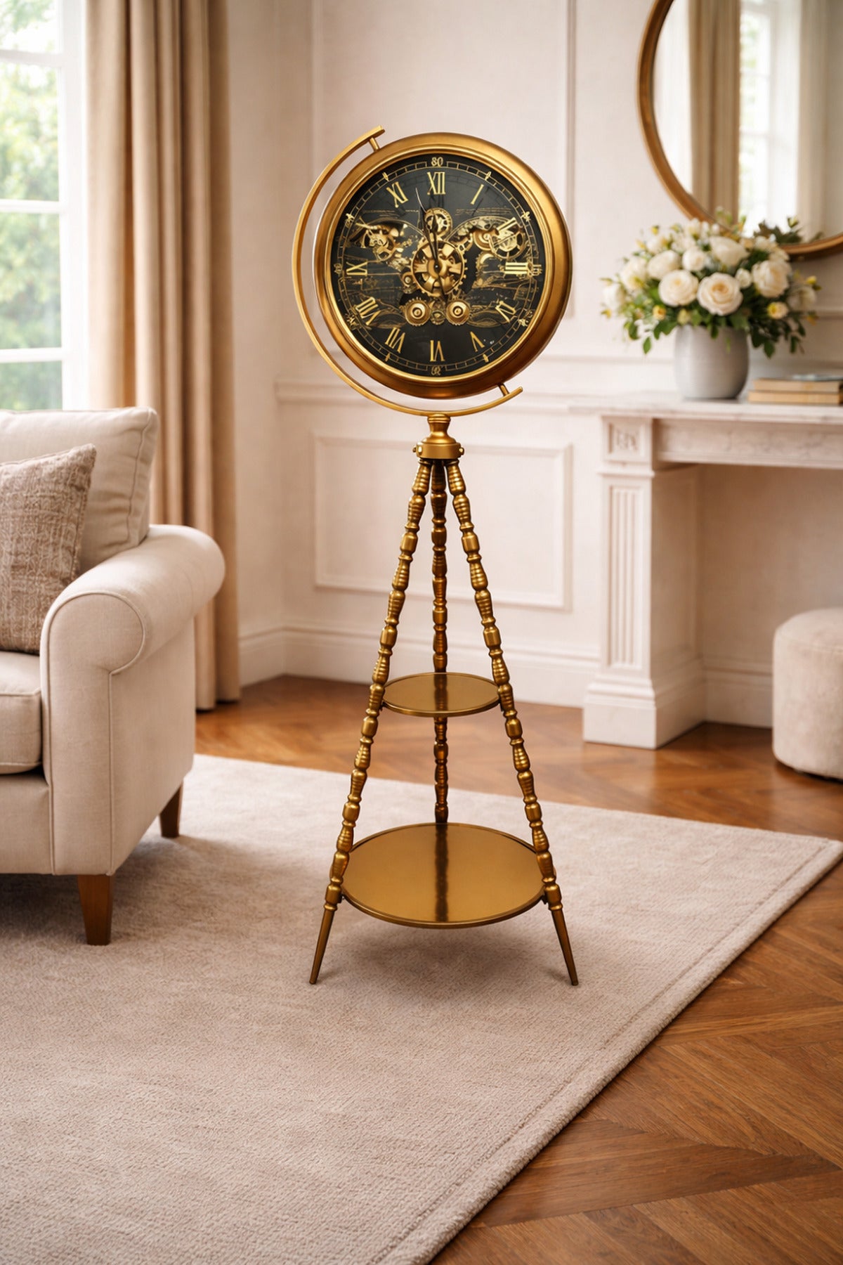 Lüks Pirinç Ayaklı Mekanik Detaylı Dekoratif Yer Saati – Vintage Tripod Tasarım