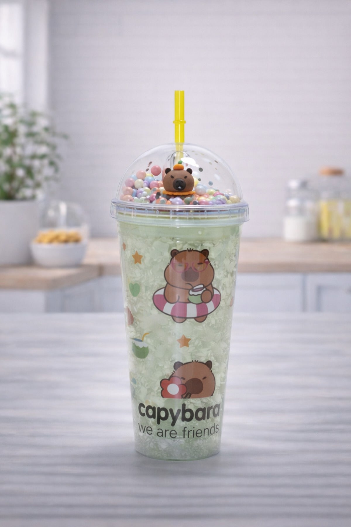 Capybara Desenli Pipetli Soğuk İçecek Bardağı Şeffaf Kapaklı Straw Cup Sevimli Tumbler Bardak