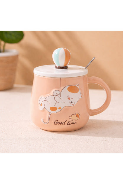 500 ML Kapaklı Kaşıklı Sevimli Kedi Seramik Kupa