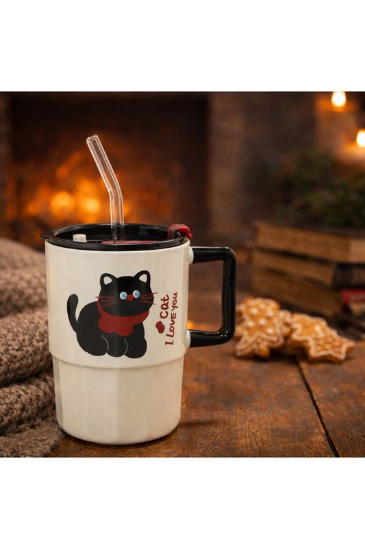 Sevimli Kedi Desenli Pipetli Kapaklı Termos Kupa Bardak – I Love You Cat Tasarımlı Taşınabilir Mug