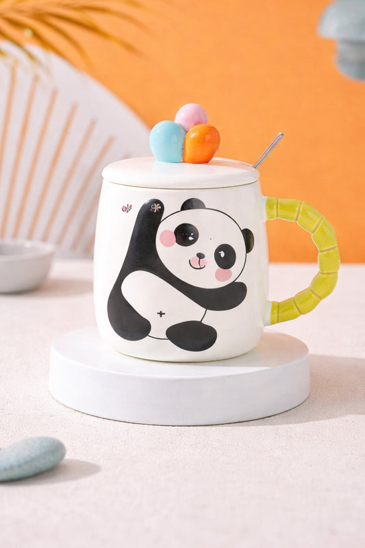 500 ML Kapaklı Kaşıklı Panda Seramik Kupa – Sevimli Tasarım Varyantlı Model