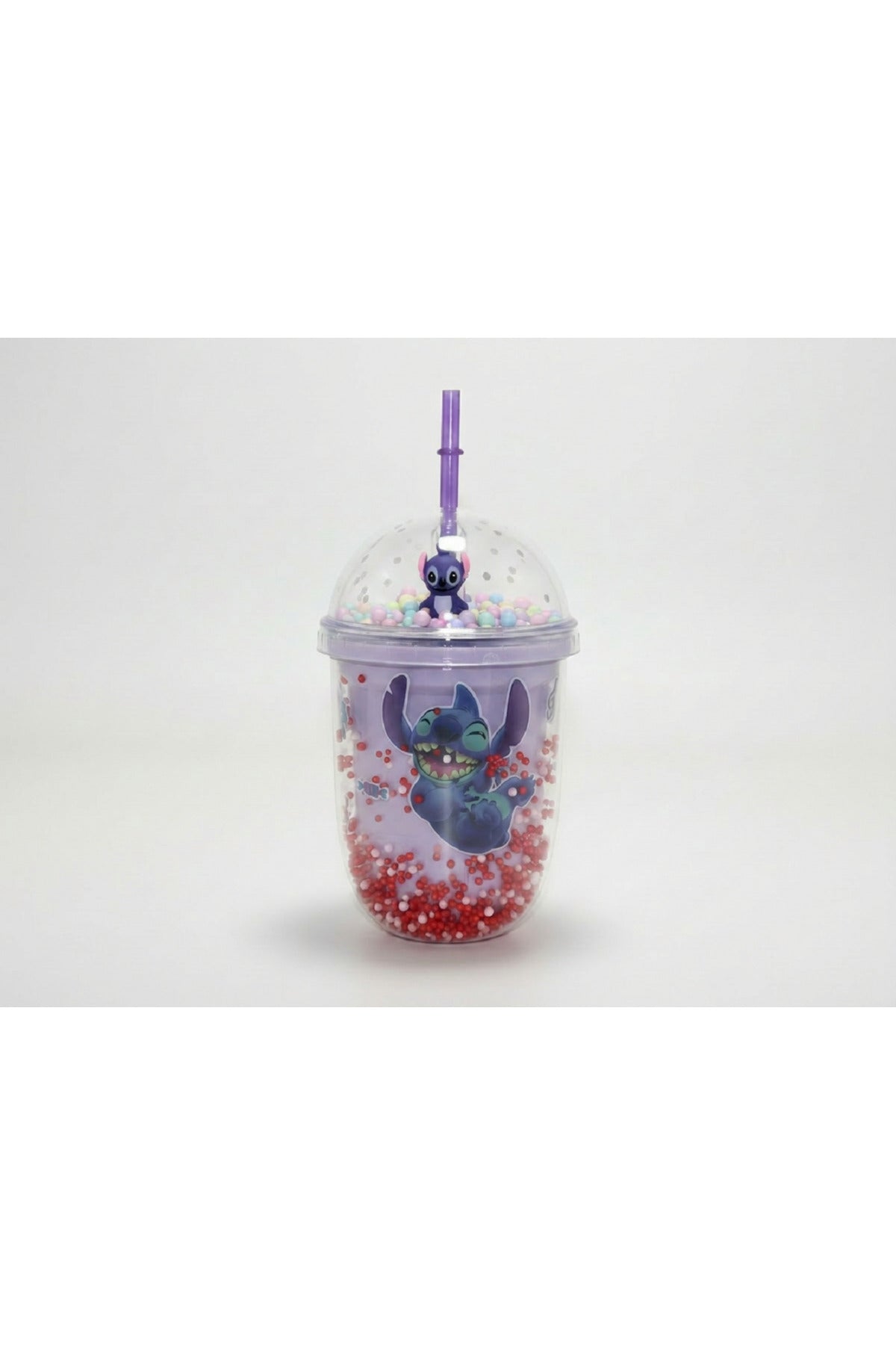 500ml Stitch Figürlü Pipetli Köpük Boncuklu Bardak Mor Renk Şeffaf Kapaklı Çocuk Matara