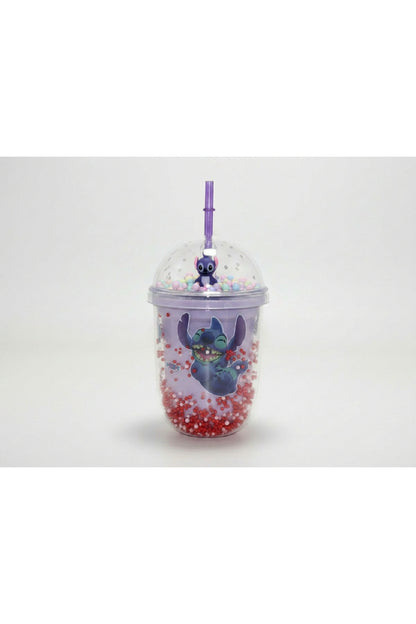500ml Stitch Figürlü Pipetli Köpük Boncuklu Bardak Mor Renk Şeffaf Kapaklı Çocuk Matara