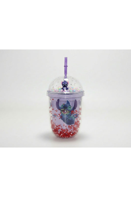 500ml Stitch Figürlü Pipetli Köpük Boncuklu Bardak Mor Renk Şeffaf Kapaklı Çocuk Matara