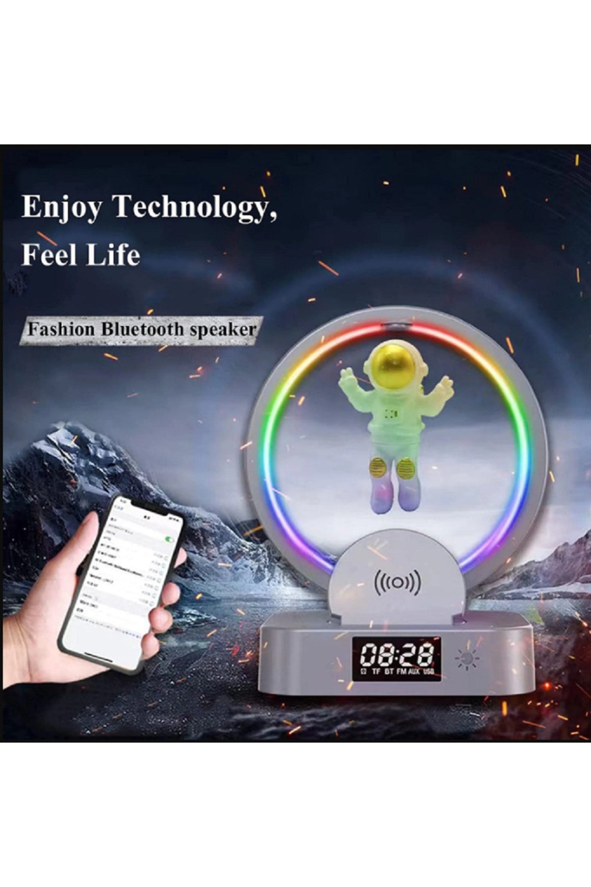 Çok Fonksiyonlu Astronot Kablosuz Şarj Standı Çalar Saat Hoparlör Rgb Iphone 14 13 12 Samsung Xiaomi