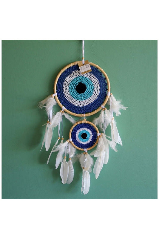 İki Gözlü Mavi Tüylü Natürel Rüya Kapanı Nazarlık/ Düş Kapanı/ Dreamcatcher
