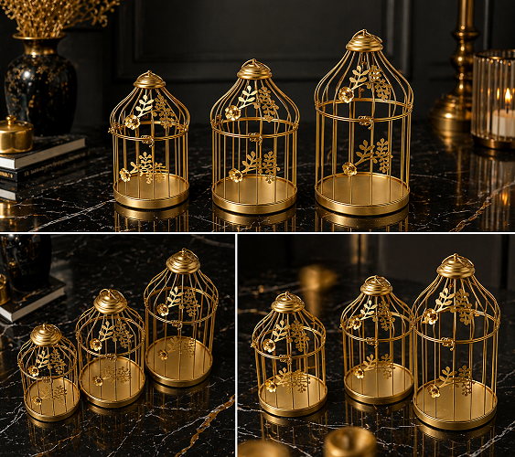 Lüks Gold Dekoratif Kafes Şamdan Seti 3’lü Metal Mumluk Salon ve Masa Aksesuarı Şık Tasarım