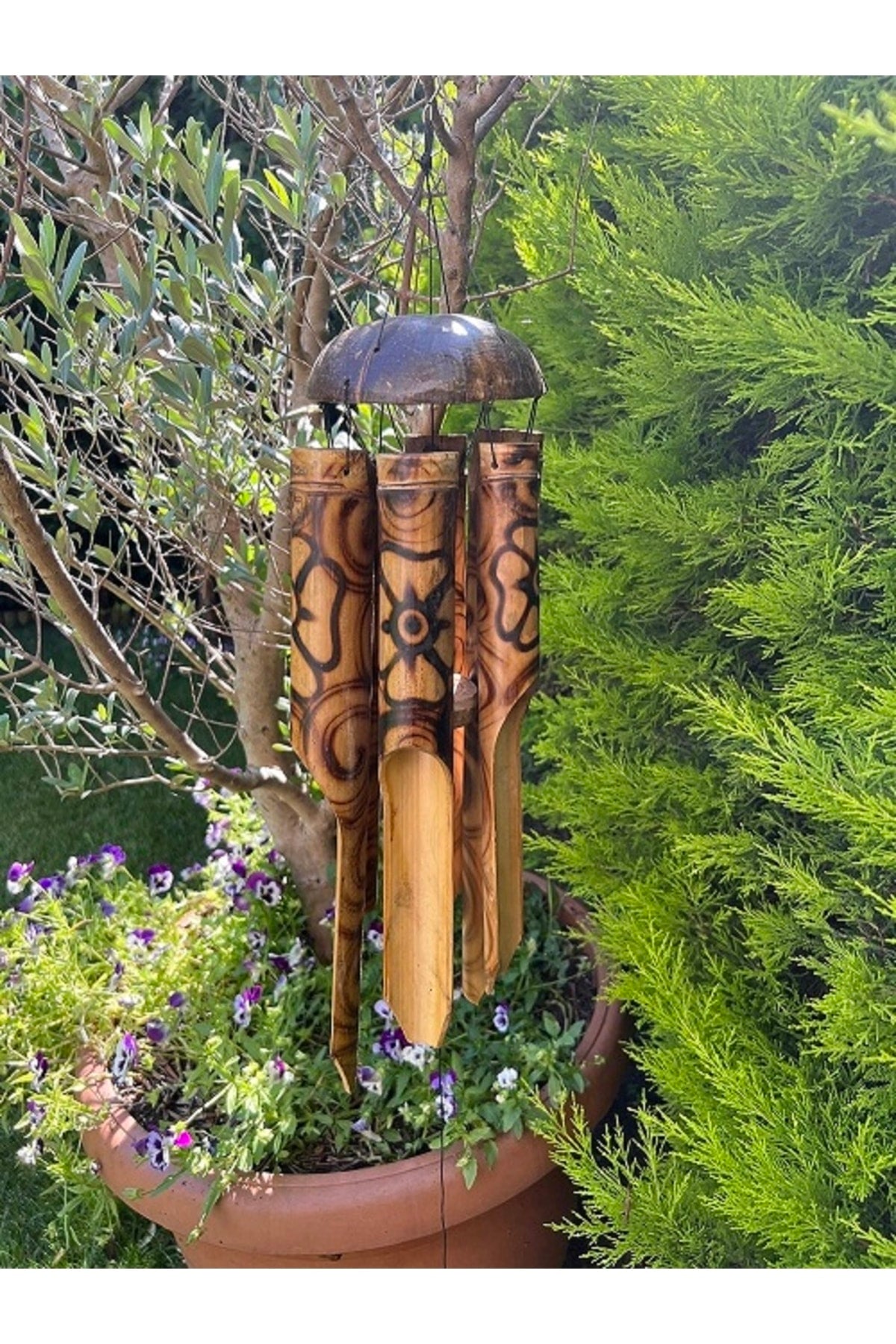 Hindistan Cevizi Kabuğu Ve Bambu Çubuklardan El Yapımı Rüzgar Çanı (40cm)