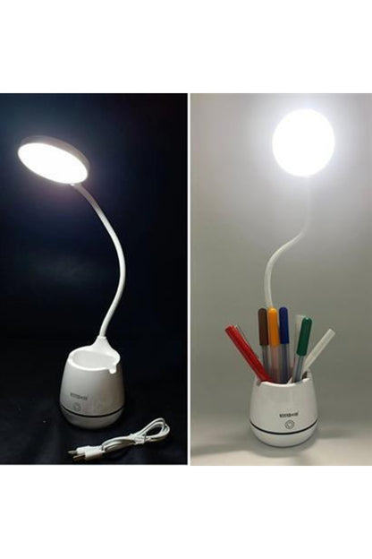 Kalemlikli Telefon Tutacaklı Şarjlı Dokunmatik 3 Mod Esnek Başlıklı Dimmerli Led Masa Lambası