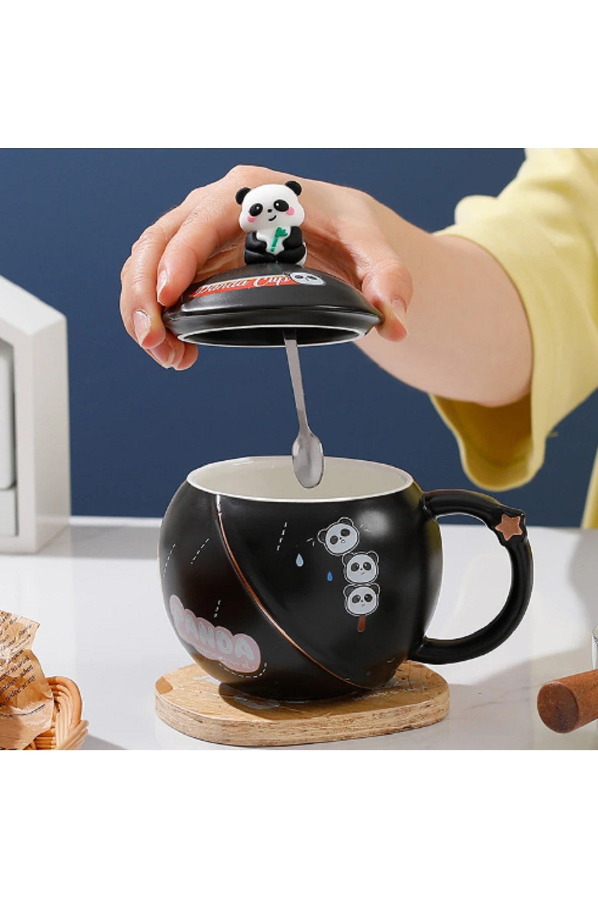 400ml Seramik Kapaklı Kaşıklı Panda Kupa Bardak Çay Kahve Bardağı Ofis Kupa Seti