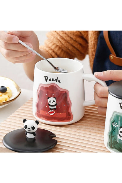 400ml Sevimli Panda Kapaklı Kaşıklı Kupa Bardak