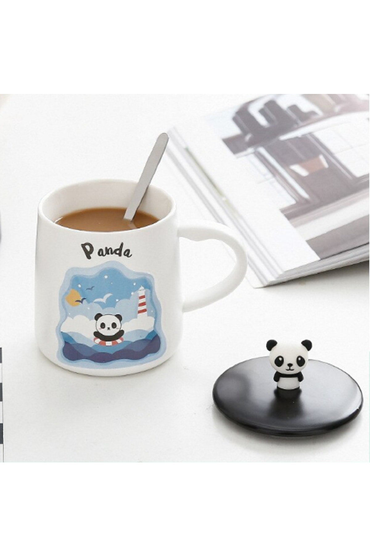400ml Sevimli Panda Kapaklı Kaşıklı Kupa Bardak