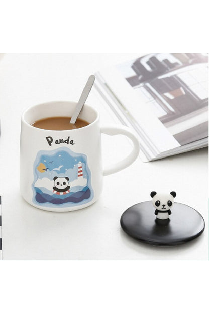 400ml Sevimli Panda Kapaklı Kaşıklı Kupa Bardak