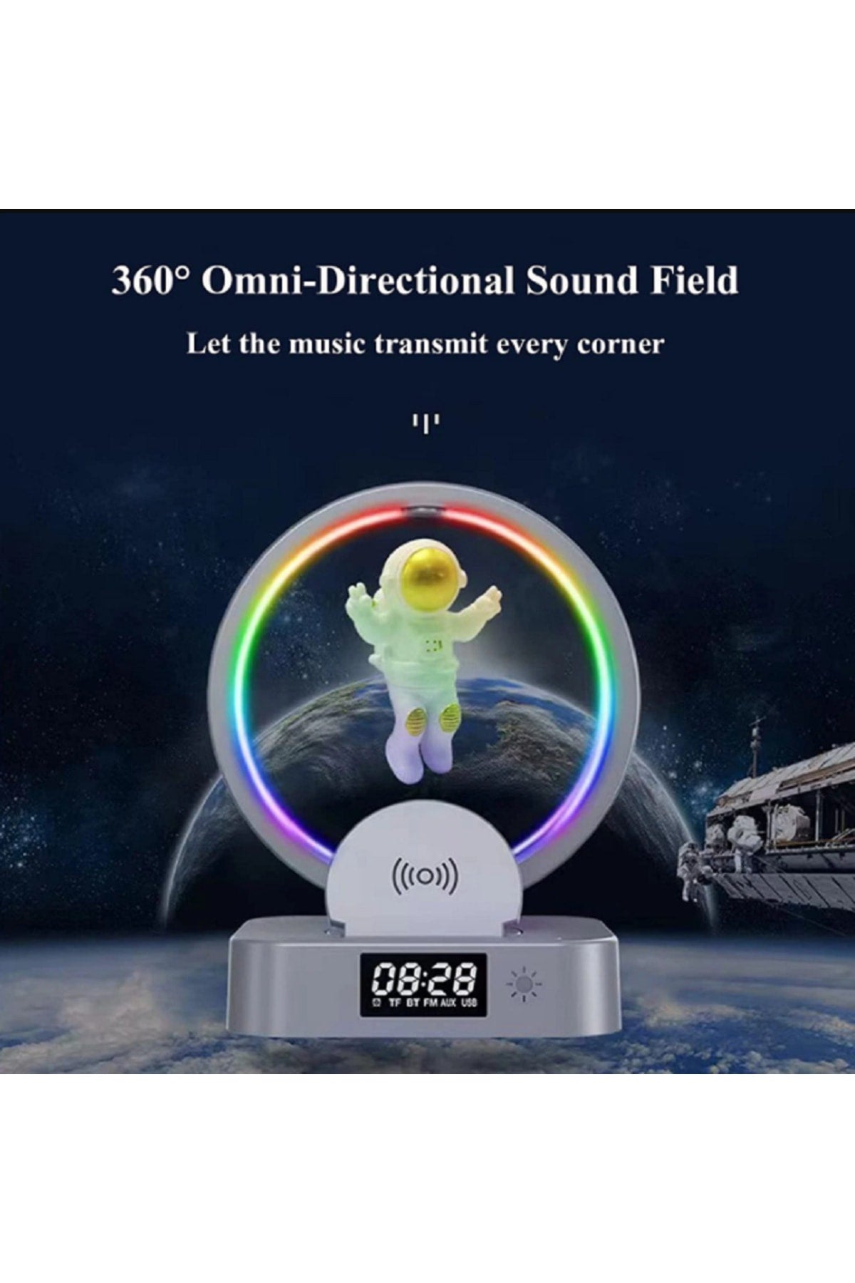 Çok Fonksiyonlu Astronot Kablosuz Şarj Standı Çalar Saat Hoparlör Rgb Iphone 14 13 12 Samsung Xiaomi