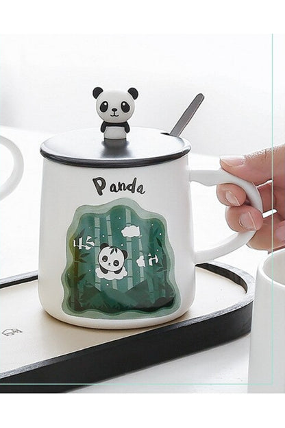 400ml Sevimli Panda Kapaklı Kaşıklı Kupa Bardak