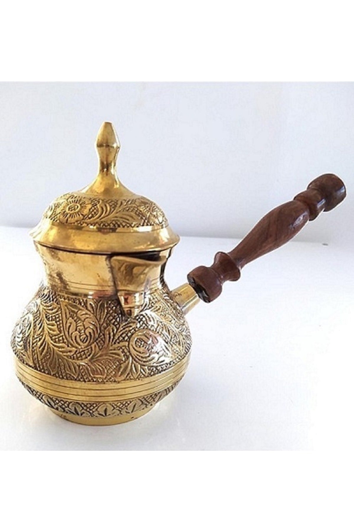 Pirinç Kakma Işlemeli Osmalı Cezvesi Kapaklı 6.5” Inc