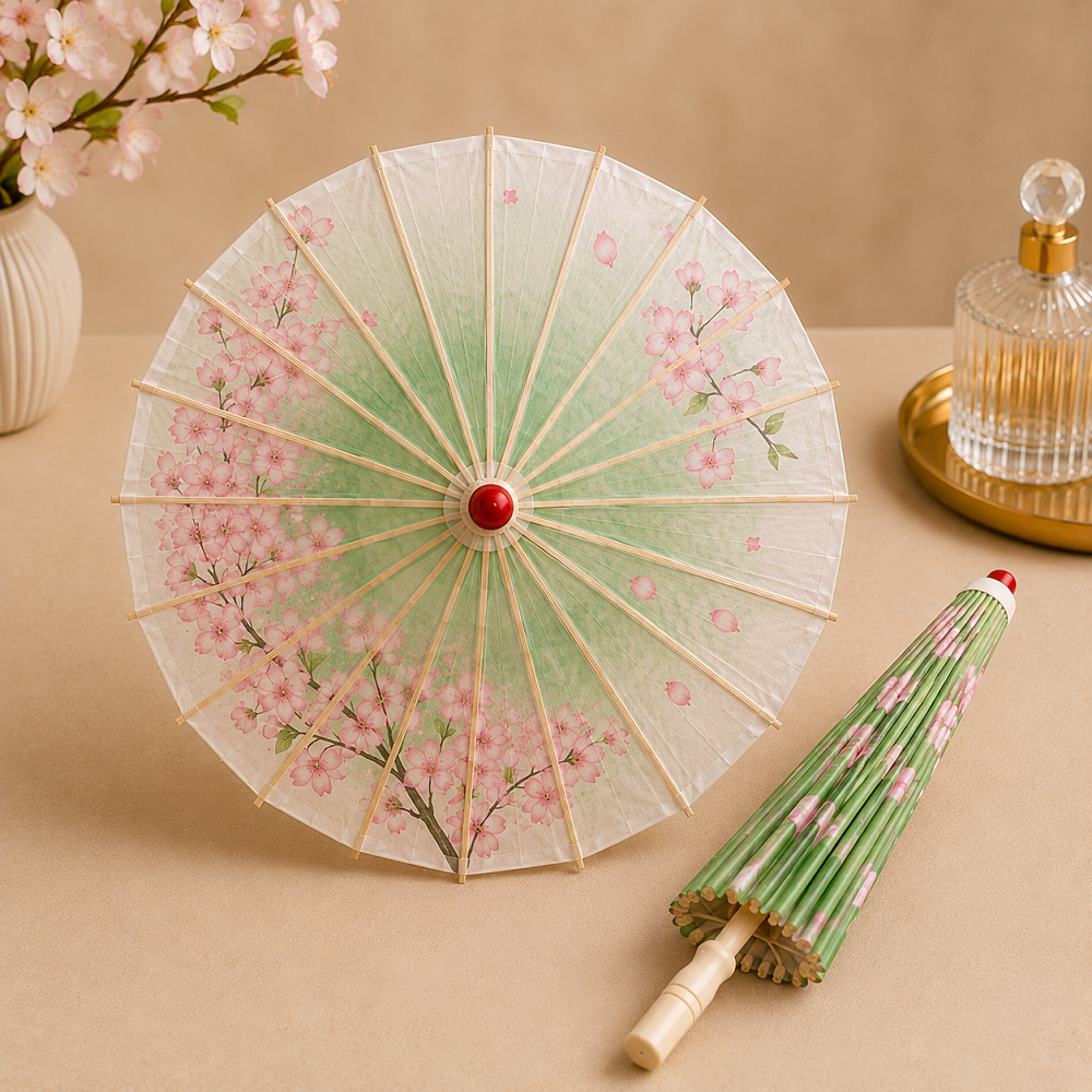Japon Şemsiyesi Dekoratif Çiçek Desenli Ahşap Saplı Uzak Doğu Şemsiyesi
