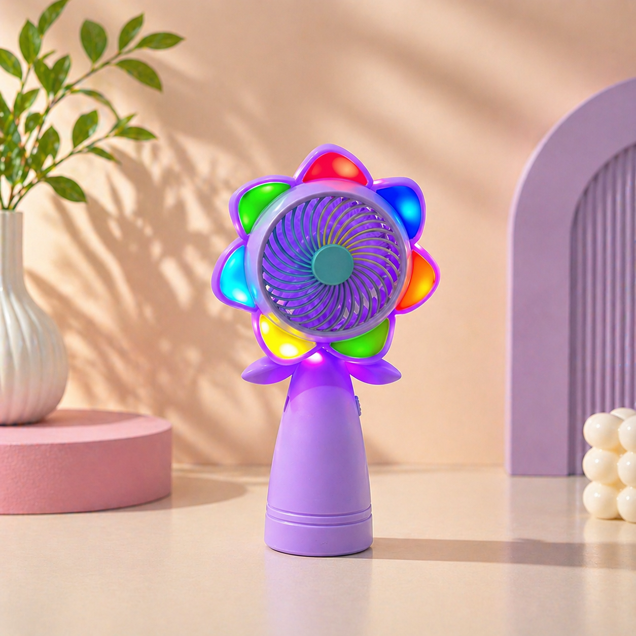 Çiçek Tasarımlı LED Işıklı Mini El Fanı Taşınabilir USB Şarjlı Renkli Vantilatör
