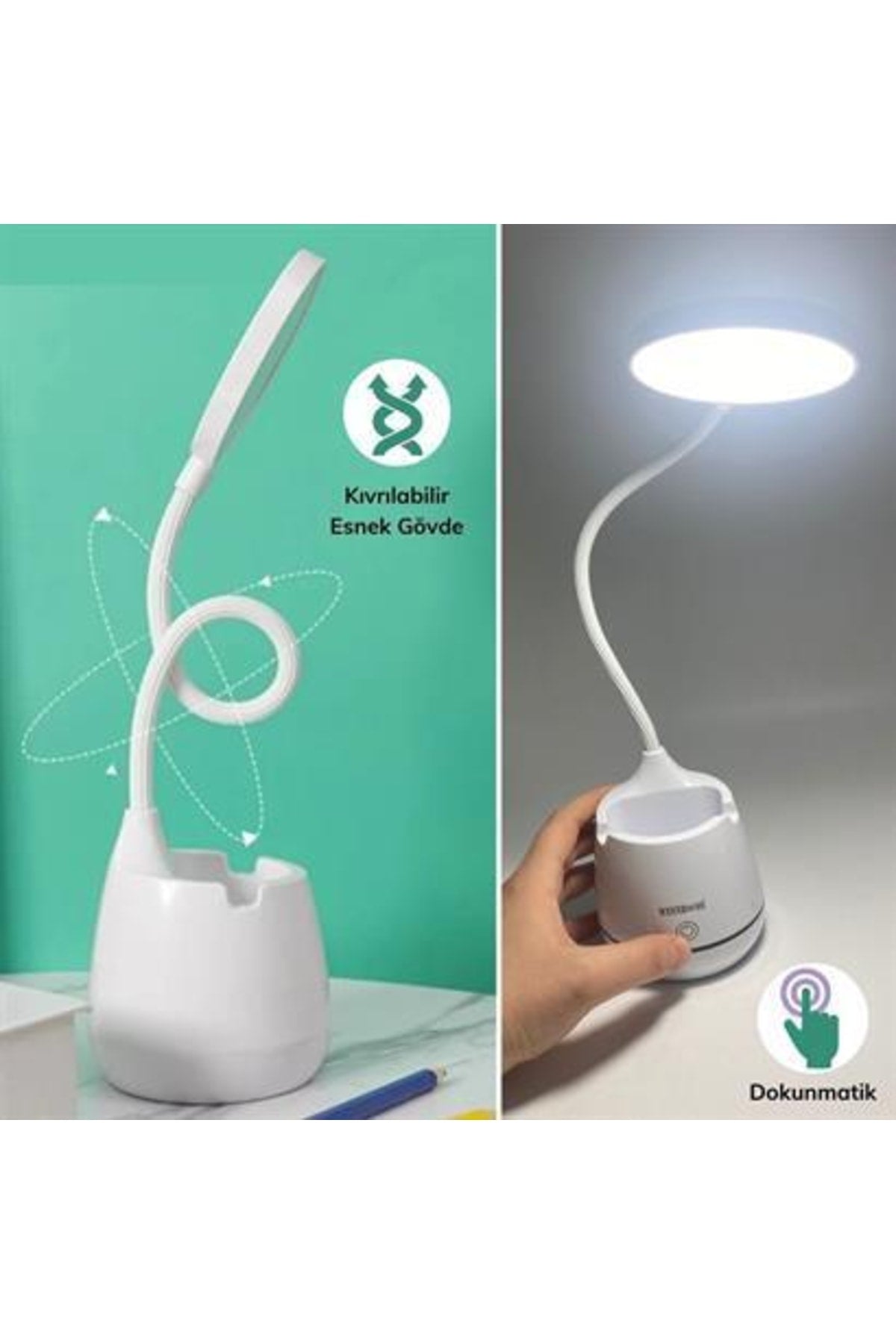 Kalemlikli Telefon Tutacaklı Şarjlı Dokunmatik 3 Mod Esnek Başlıklı Dimmerli Led Masa Lambası