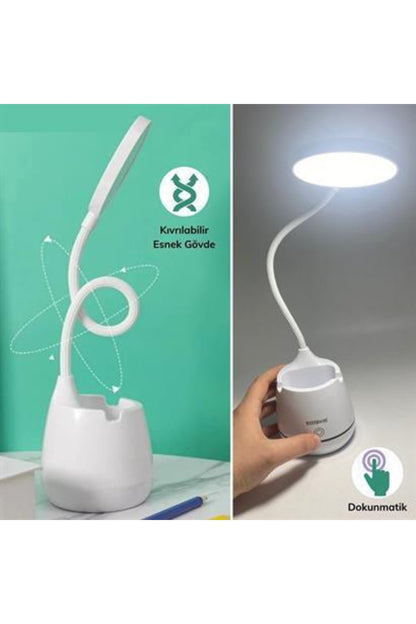 Kalemlikli Telefon Tutacaklı Şarjlı Dokunmatik 3 Mod Esnek Başlıklı Dimmerli Led Masa Lambası
