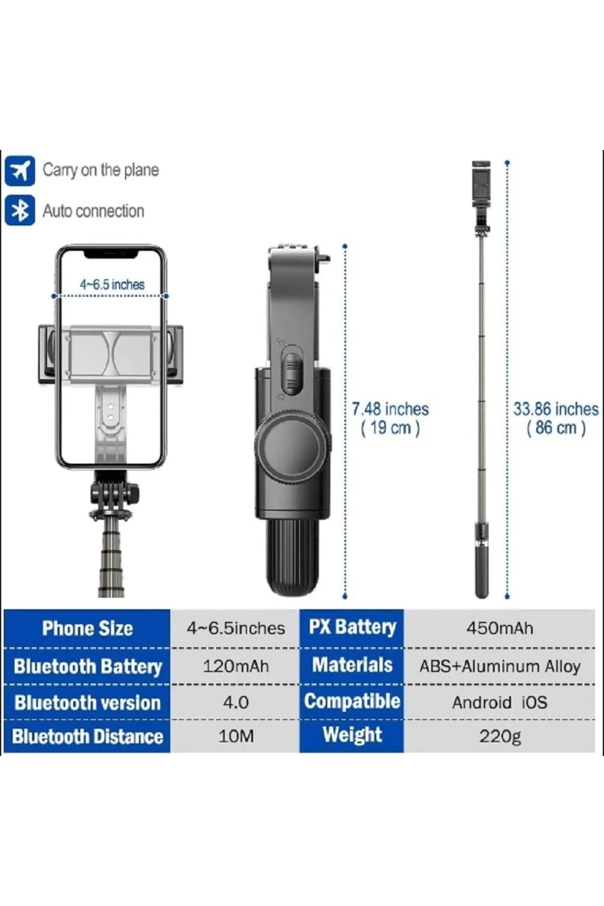L08 Bluetooth El Gimbal Sabitleyici Cep Telefonu İçin Selfie Sopa Tutucu Ayarlanabilir Standı