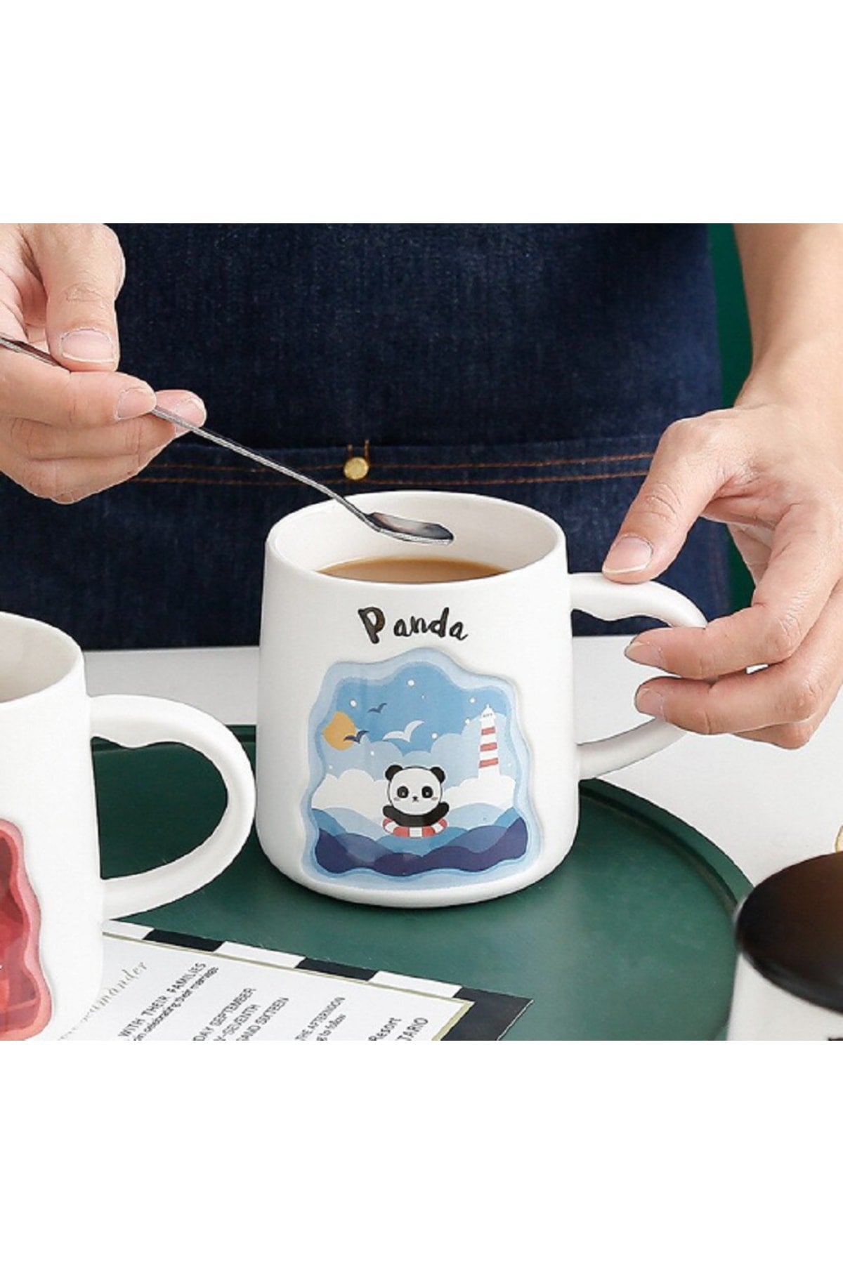 400ml Sevimli Panda Kapaklı Kaşıklı Kupa Bardak